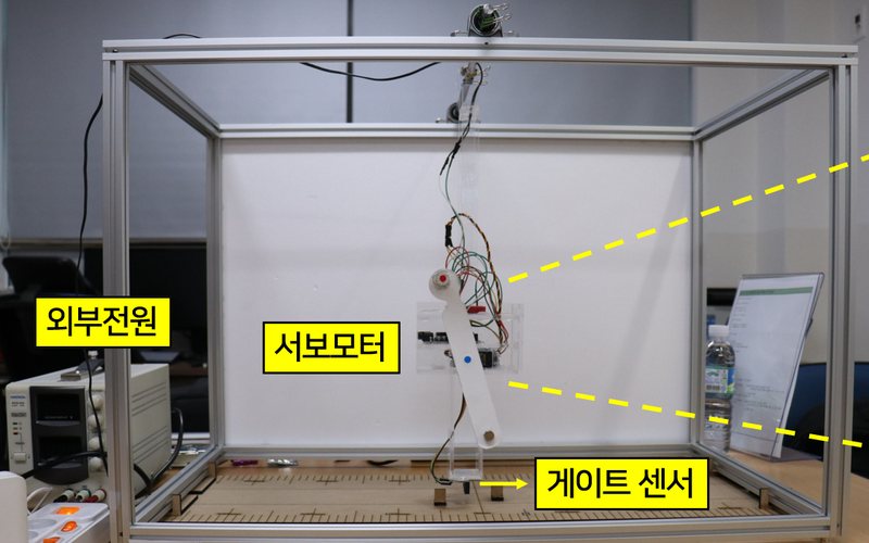 근근이 8호: 알루미늄 틀에 매단 그네에 외부전원, 서보모터, 게이트 센서 이름표를 붙인 사진